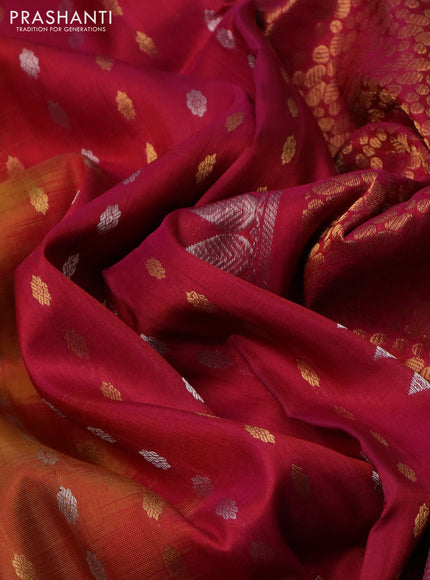 Pure uppada silk saree dual shade of dark mustard and pink red with allover silver & gold zari woven butta weaves and zari woven border