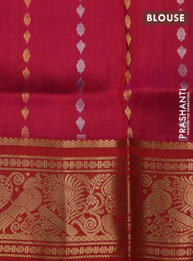Pure uppada silk saree dual shade of dark mustard and pink red with allover silver & gold zari woven butta weaves and zari woven border
