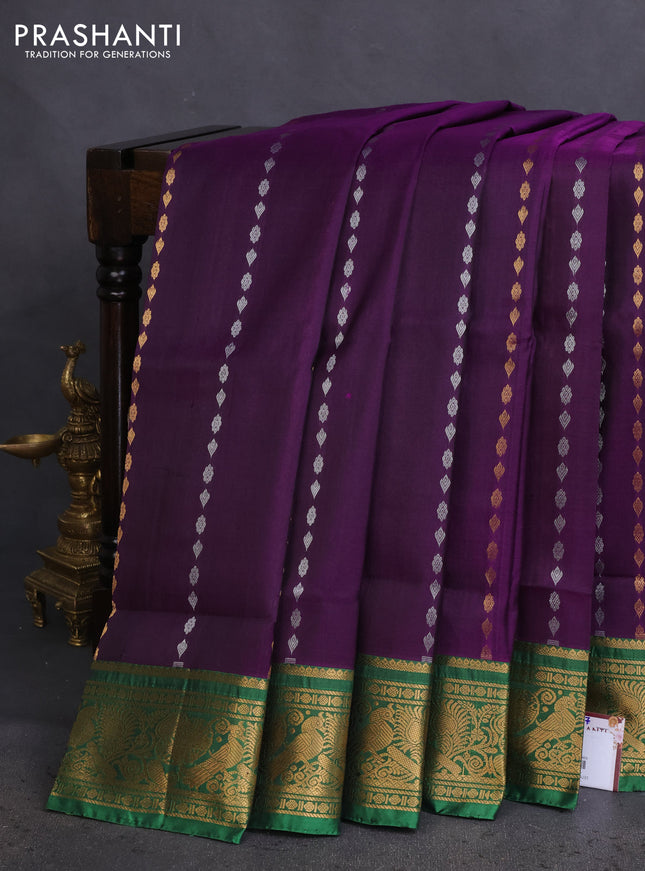 Pure uppada silk saree purple and green with allover silver & gold zari woven butta weaves and zari woven border