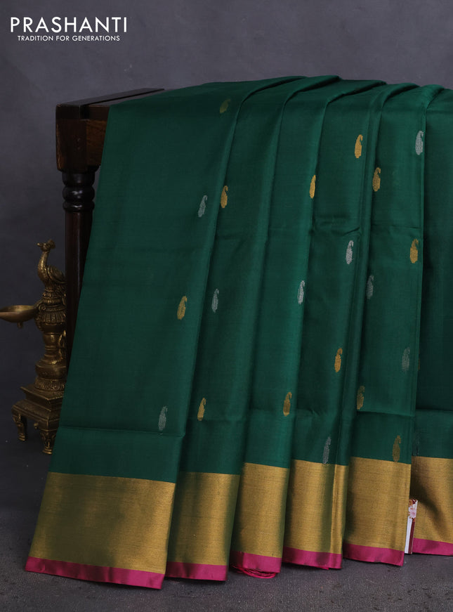 Pure uppada silk saree dark green and magenta pink with silver & gold zari woven paisley buttas and jamdhani design pallu