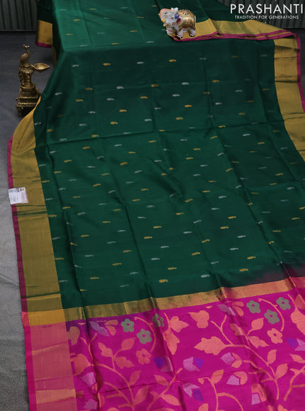 Pure uppada silk saree dark green and magenta pink with silver & gold zari woven paisley buttas and jamdhani design pallu