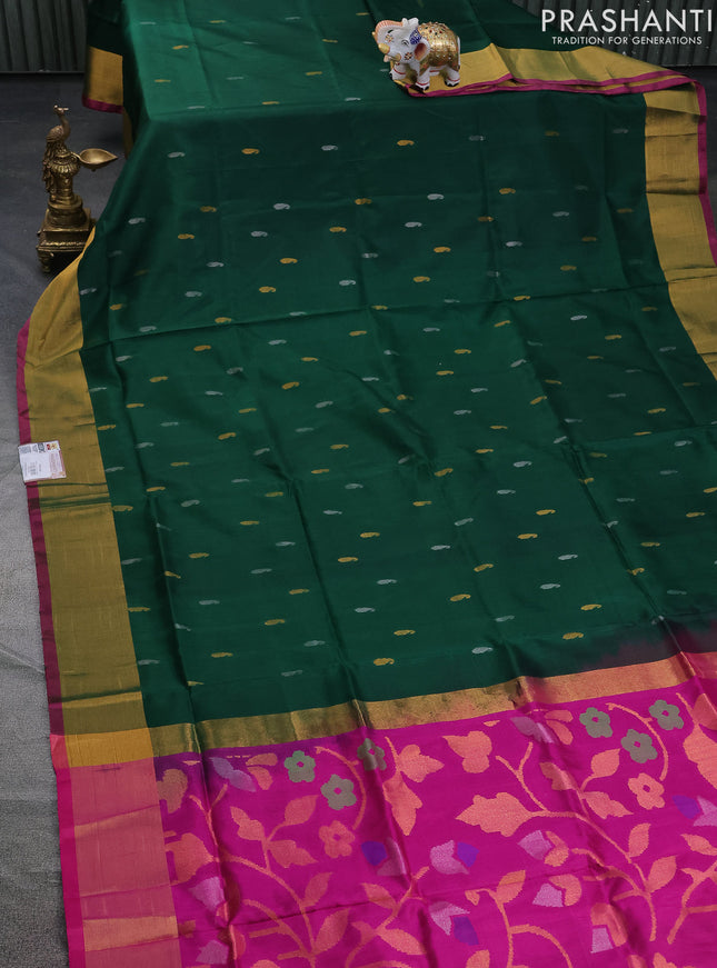 Pure uppada silk saree dark green and magenta pink with silver & gold zari woven paisley buttas and jamdhani design pallu
