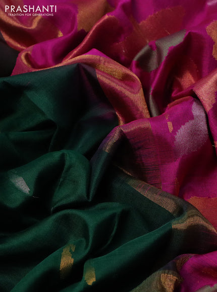 Pure uppada silk saree dark green and magenta pink with silver & gold zari woven paisley buttas and jamdhani design pallu
