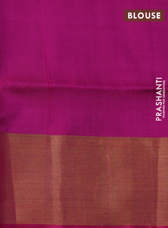 Pure uppada silk saree dark green and magenta pink with silver & gold zari woven paisley buttas and jamdhani design pallu
