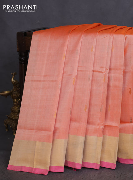 Pure uppada silk saree pale orange and pink with silver & gold zari woven paisley buttas and jamdhani design pallu