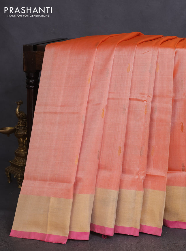 Pure uppada silk saree pale orange and pink with silver & gold zari woven paisley buttas and jamdhani design pallu