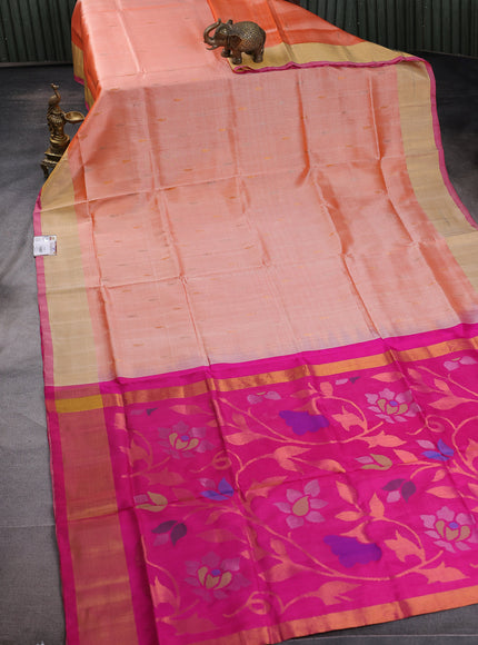 Pure uppada silk saree pale orange and pink with silver & gold zari woven paisley buttas and jamdhani design pallu