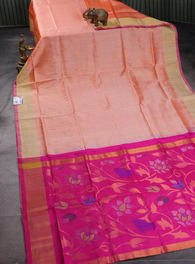 Pure uppada silk saree pale orange and pink with silver & gold zari woven paisley buttas and jamdhani design pallu