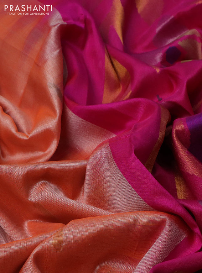 Pure uppada silk saree pale orange and pink with silver & gold zari woven paisley buttas and jamdhani design pallu