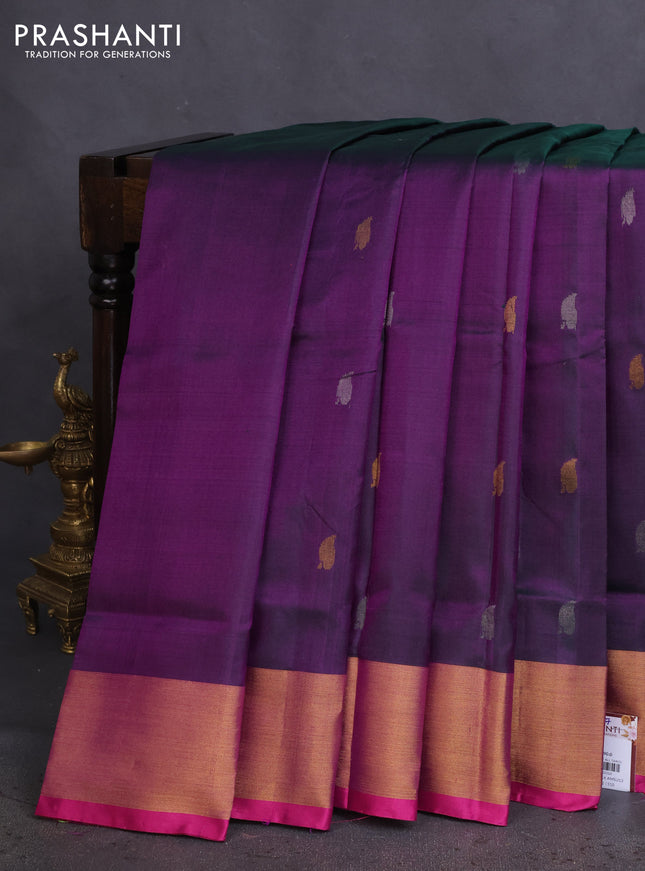 Pure uppada silk saree dual shade of greenish purple and magenta pink with silver & gold zari woven leaf buttas and jamdhani design pallu