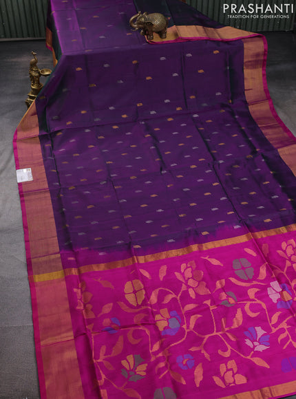Pure uppada silk saree dual shade of greenish purple and magenta pink with silver & gold zari woven leaf buttas and jamdhani design pallu