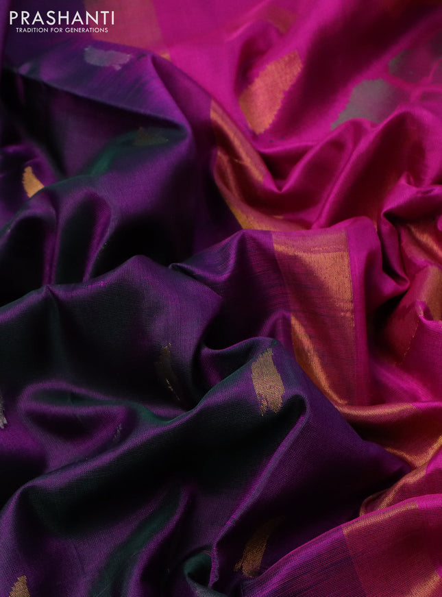Pure uppada silk saree dual shade of greenish purple and magenta pink with silver & gold zari woven leaf buttas and jamdhani design pallu