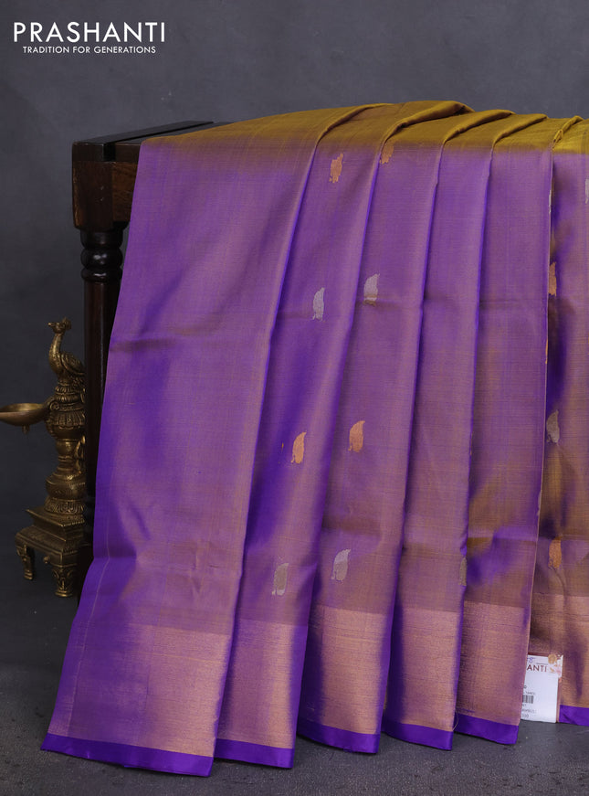 Pure uppada silk saree dual shade of yellowish blue with silver & gold zari woven buttas and jamdhani design pallu