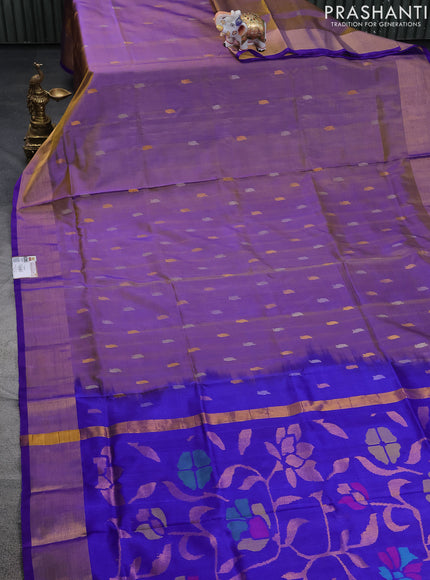 Pure uppada silk saree dual shade of yellowish blue with silver & gold zari woven buttas and jamdhani design pallu
