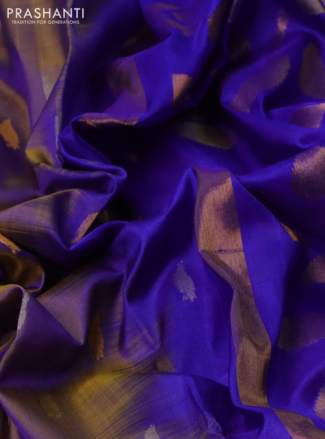 Pure uppada silk saree dual shade of yellowish blue with silver & gold zari woven buttas and jamdhani design pallu