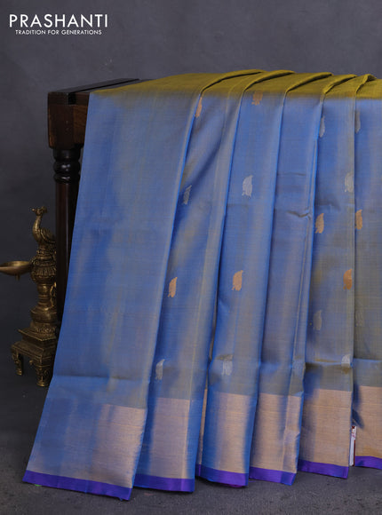 Pure uppada silk saree dual shade of teal blue and blue with silver & gold zari woven buttas and jamdhani design pallu