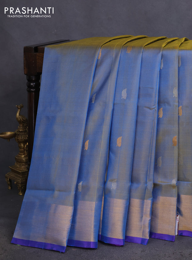 Pure uppada silk saree dual shade of teal blue and blue with silver & gold zari woven buttas and jamdhani design pallu