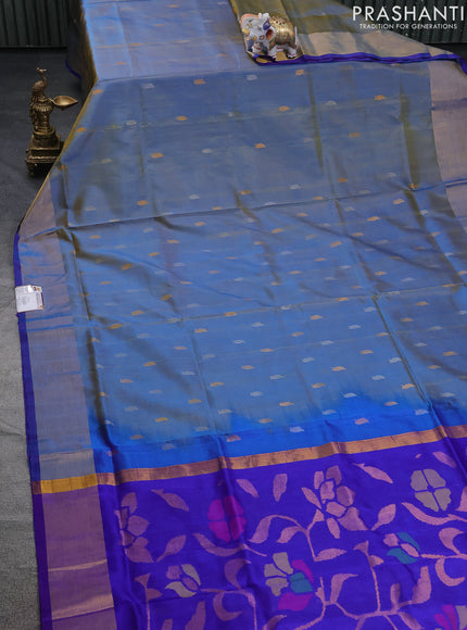 Pure uppada silk saree dual shade of teal blue and blue with silver & gold zari woven buttas and jamdhani design pallu