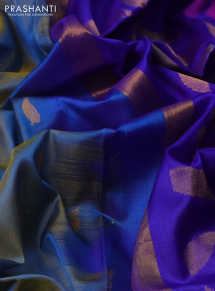 Pure uppada silk saree dual shade of teal blue and blue with silver & gold zari woven buttas and jamdhani design pallu