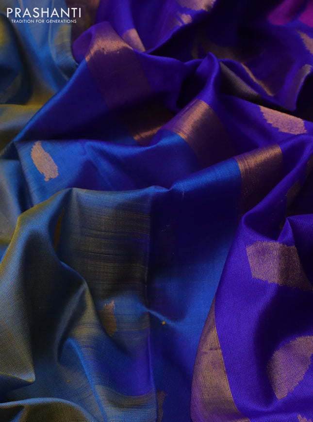 Pure uppada silk saree dual shade of teal blue and blue with silver & gold zari woven buttas and jamdhani design pallu
