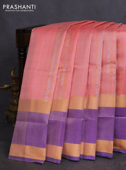 Pure uppada silk saree peach shade and blue with allover silver & gold zari weaves and rettapet zari woven border