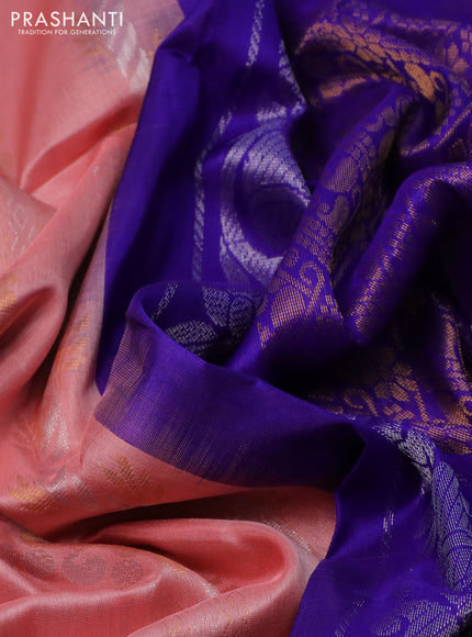 Pure uppada silk saree peach shade and blue with allover silver & gold zari weaves and rettapet zari woven border