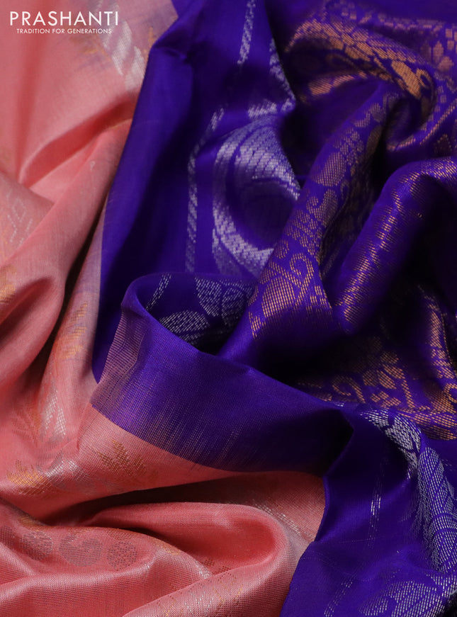 Pure uppada silk saree peach shade and blue with allover silver & gold zari weaves and rettapet zari woven border