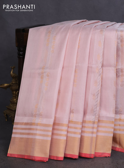 Pure uppada silk saree pastel peach and pink with allover silver & gold zari weaves and zari woven border