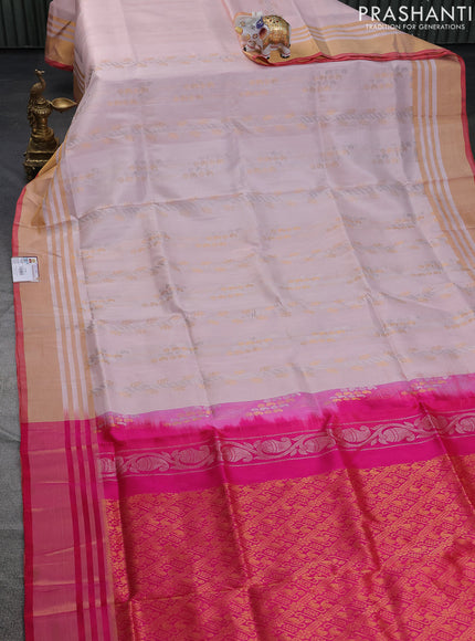 Pure uppada silk saree pastel peach and pink with allover silver & gold zari weaves and zari woven border