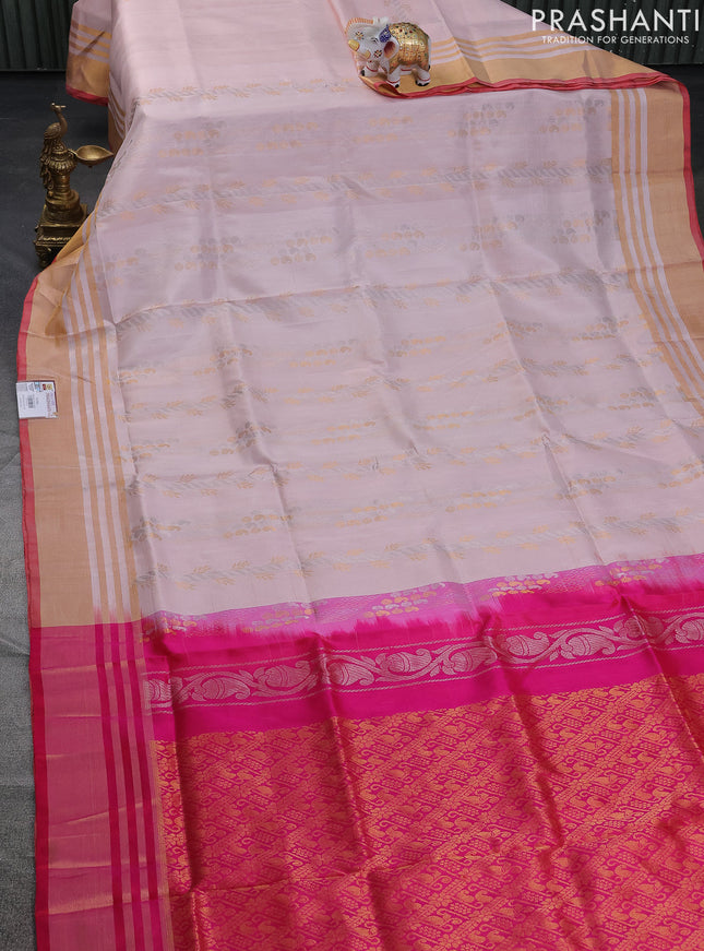 Pure uppada silk saree pastel peach and pink with allover silver & gold zari weaves and zari woven border