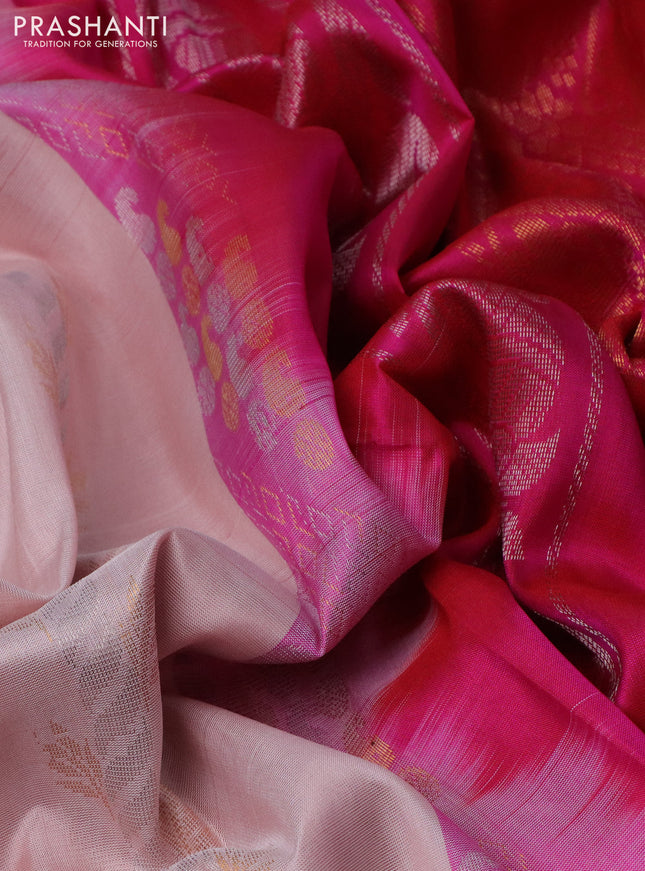 Pure uppada silk saree pastel peach and pink with allover silver & gold zari weaves and zari woven border