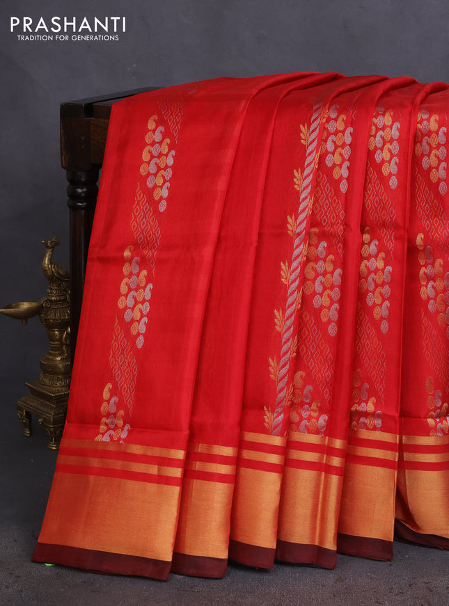 Pure uppada silk saree red and black with allover silver & gold zari weaves and zari woven border
