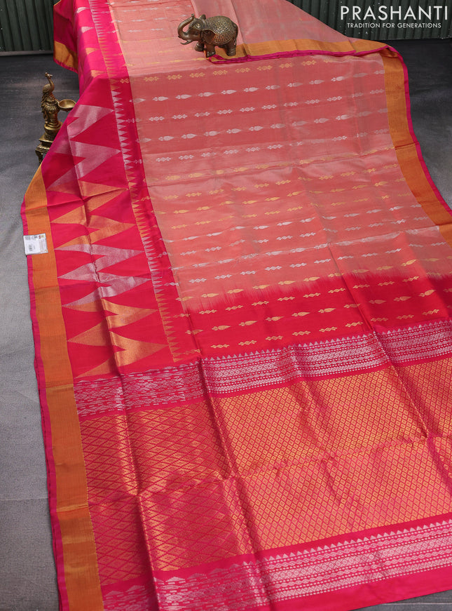 Pure uppada silk saree red shade and pink with silver & gold zari woven buttas and long rich zari woven border