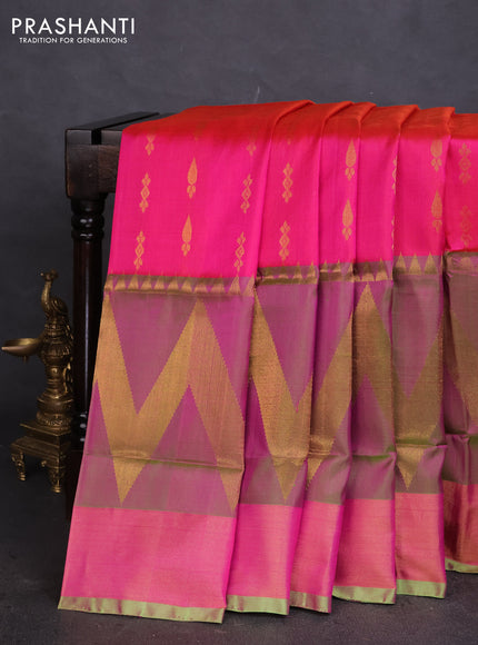 Pure uppada silk saree dual shade of pinkish orange and dual shade of light green with silver & gold zari woven buttas and long rich zari woven border