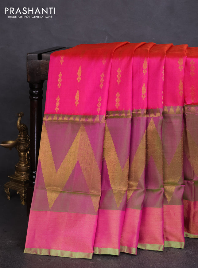 Pure uppada silk saree dual shade of pinkish orange and dual shade of light green with silver & gold zari woven buttas and long rich zari woven border