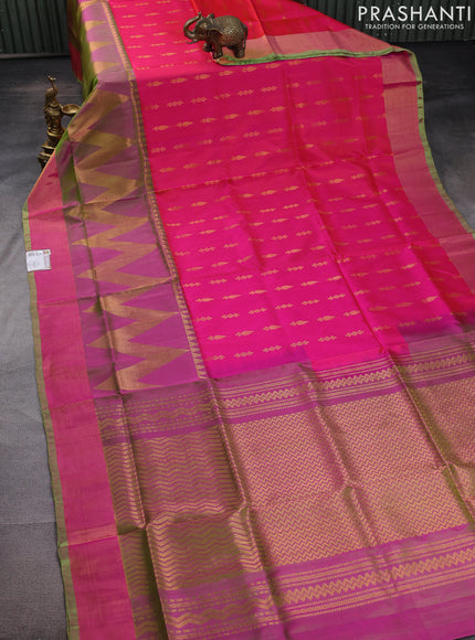 Pure uppada silk saree dual shade of pinkish orange and dual shade of light green with silver & gold zari woven buttas and long rich zari woven border