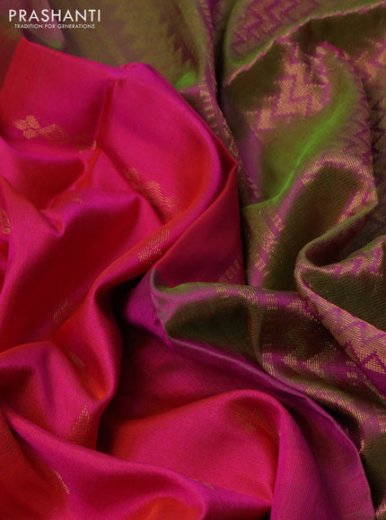 Pure uppada silk saree dual shade of pinkish orange and dual shade of light green with silver & gold zari woven buttas and long rich zari woven border