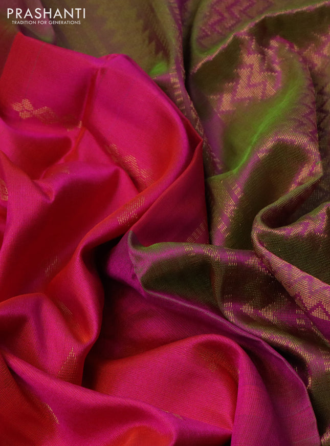 Pure uppada silk saree dual shade of pinkish orange and dual shade of light green with silver & gold zari woven buttas and long rich zari woven border