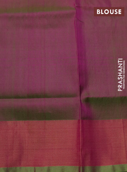Pure uppada silk saree dual shade of pinkish orange and dual shade of light green with silver & gold zari woven buttas and long rich zari woven border