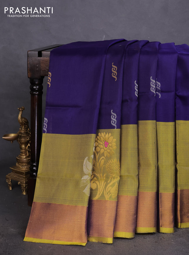 Pure uppada silk saree blue and yellow with silver & gold zari woven buttas and zari woven border