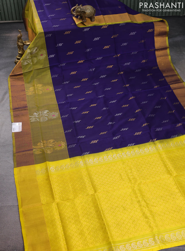 Pure uppada silk saree blue and yellow with silver & gold zari woven buttas and zari woven border