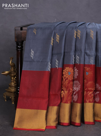 Pure uppada silk saree grey and maroon with silver & gold zari woven buttas and zari woven border