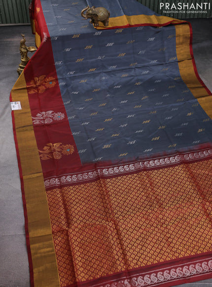 Pure uppada silk saree grey and maroon with silver & gold zari woven buttas and zari woven border