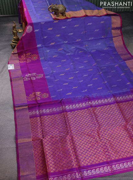 Pure uppada silk saree blue shade and dual shade of maroon with silver & gold zari woven buttas and zari woven border