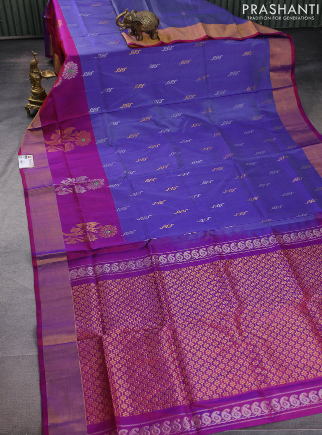 Pure uppada silk saree blue shade and dual shade of maroon with silver & gold zari woven buttas and zari woven border