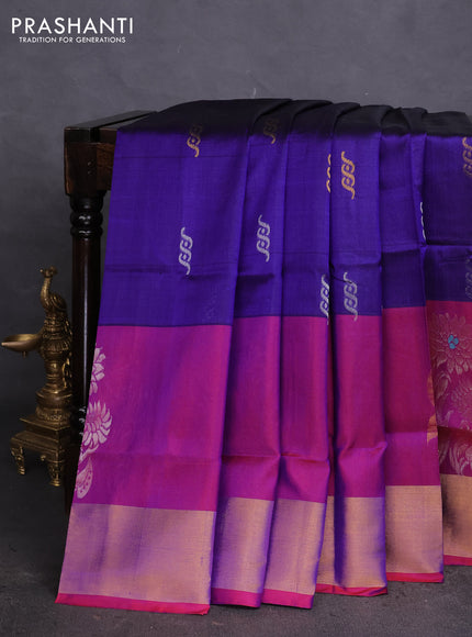 Pure uppada silk saree blue and dual shade of bluish maroon with silver & gold zari woven buttas and zari woven border