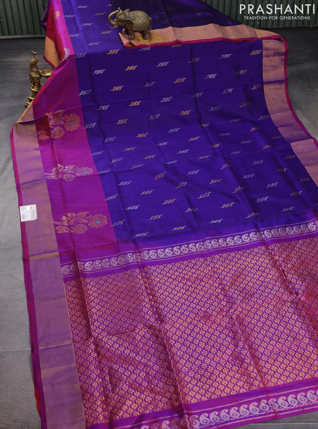 Pure uppada silk saree blue and dual shade of bluish maroon with silver & gold zari woven buttas and zari woven border