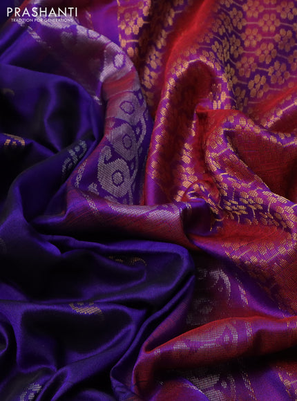 Pure uppada silk saree blue and dual shade of bluish maroon with silver & gold zari woven buttas and zari woven border