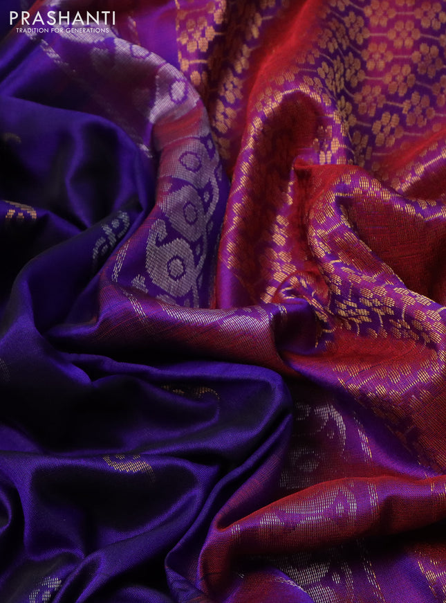 Pure uppada silk saree blue and dual shade of bluish maroon with silver & gold zari woven buttas and zari woven border