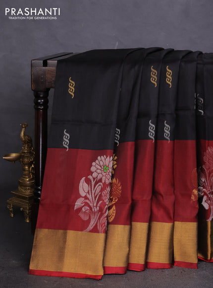 Pure uppada silk saree black and maroon with silver & gold zari woven buttas and zari woven border